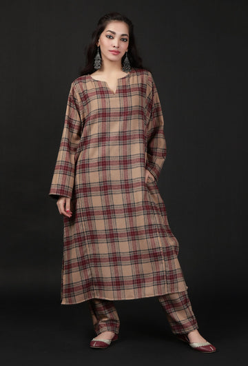 Chestnut Brown Woven Tartan Checks Phiran Kurta With Pockets